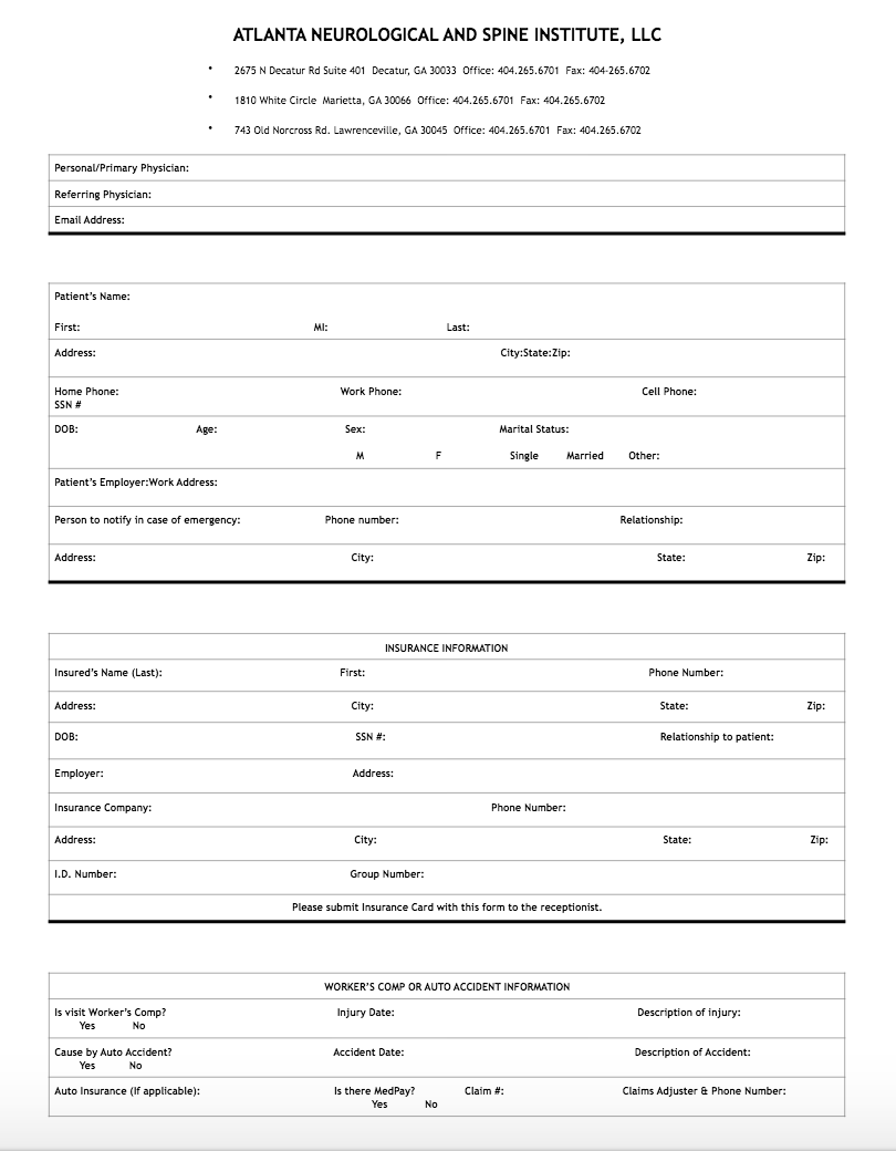 Atlanta Neurological & Spine Institute New Patient Form - Atlanta ...